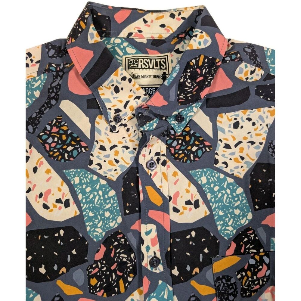 RSVLTS Shirt Men's LARGE  Button-Up Short Sleeve Kunuflex Abstract Design Print
